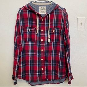 👕Aéropostale men’s red and blue Button down plaid long sleeve top/hoodie.Size M
